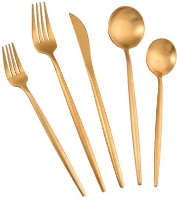 Productafbeelding van Ibenzoa® 40-delige bestekset goud – hoogglanzend roestvrij staal voor 8 personen, bestaande uit: 8 tafelmessen, 8 tafelvorken, 8 soeplepels, 8 saladevorken, 8 theelepels