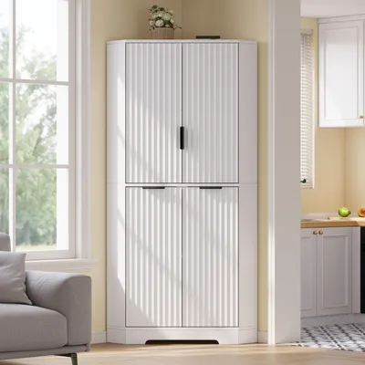 Produktbild von Eckschrank 60 x 60 x 172 cm mit 4 Türen, verstellbaren Einlegeböden, Wellenprofil, Kippschutz, Weiß