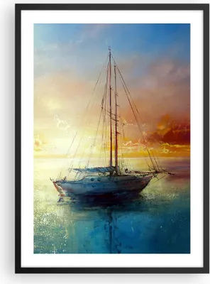 Produktbild von Gerahmtes Poster - Schwarzer Rahmen - Segelboot Westen die Sonne - 50x70 cm - Wand Bild - Wanddeko - Wandbilder - Wandposter - Bilderrahmen - Bilder - Kunstdruck - Wandbild - P2BPA50x70-4145