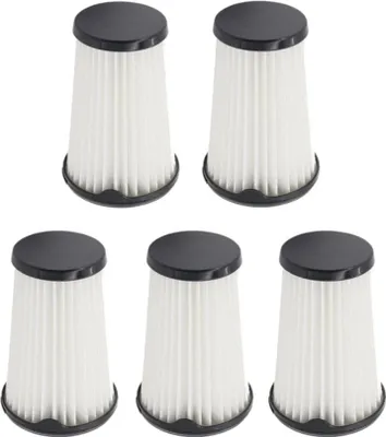 A group of five vacuum cleaner filters arranged in two rows against a white background.