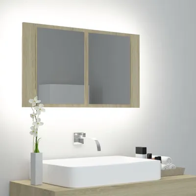 Produktbild von vidaXL LED koupelnová zrcadlová skříňka Sonoma Dub 80x12x45 cm Akryl
