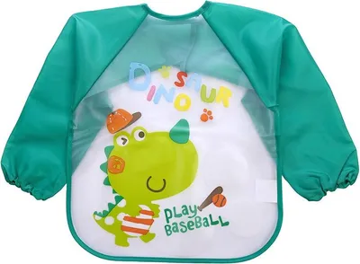 Immagine prodotto di Bavaglino con maniche per mangiare, colorare, grembiule per giocare, bavaglino con maniche per un bambino, dinosauro verde