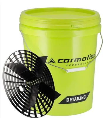 A lime green bucket with a black grit guard next to it, on a white background.