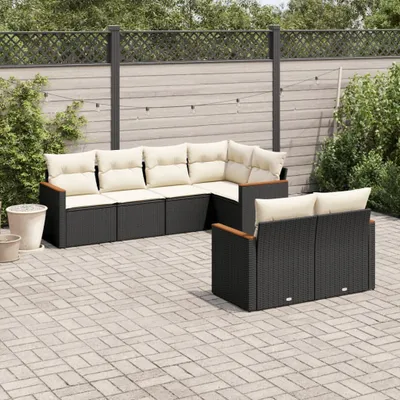 Produktbild von Design 7-tlg. Garten-Sofagarnitur mit Kissen Schwarz Poly Rattan, Gartenmöbel-Sets 2024 Neu