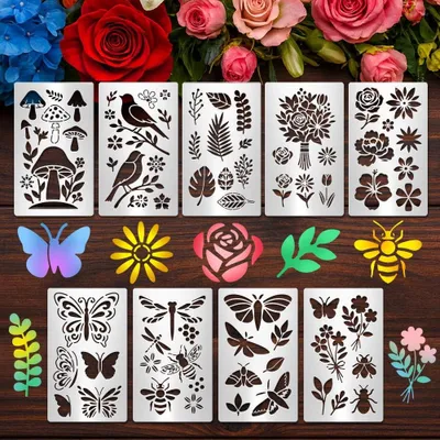 Productafbeelding van Metaal stencils set met bloemen en insecten - Herbruikbaar voor knutselen