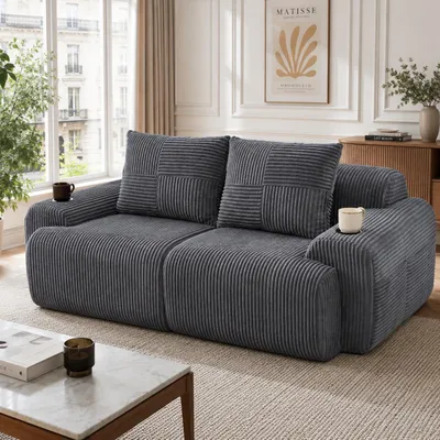 Produktbild von Modulares Cordsofa 2-Sitzer Vakuumverpackt Getränkehalter Seitentasche Dunkelgrau 200x99x80cm