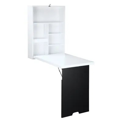 Image de HOMCOM Bureau Mural Pliable Table Murale Rabattable Suspendue sur Pied étagère + Tableau à Craie intégré MDF Blanc