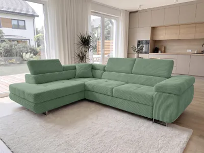 Image de AX LIVING, canapé d'angle modulable Konak, couleur vert sauge, largeur 276 cm, convertible, avec coffre de rangement pour literie