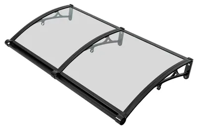 Obrázok produktu pre Strešný štít nad vchodové dvere – montáž na stenu, rozmer 120 x 60 cm, materiál: hliníková zliatina a polykarbonát, ochrana pred slnkom a dažďom, farba: čierna, nosnosť: 200 kg, teplotný rozsah: -35 až 120 °C
