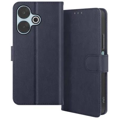 A dark blue flip case for a smartphone, shown open.