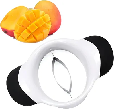 Produktbild von Mangoschneider zum Teilen und Entkernen, Edelstahlklinge mit ergonomischen Griffen, Schwarz und Weiß