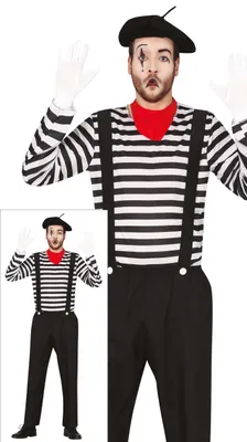 Immagine prodotto di Set di costumi di Carnevale da clown artista francese Set di accessori di Carnevale di ispirazione mimica, compresi i vestiti a strisce bianche e nere, taglia: 46 - 48 (S) Colore: Bianco