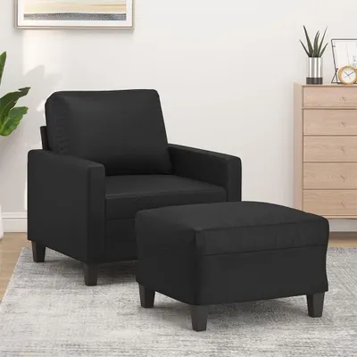 Produktbild von Schwarzer Sessel mit Hocker, 60 cm, aus Kunstleder, Loungesessel mit dick gepolsterter Sitzfläche und stabilem Metallgestell für Wohnzimmer und Wohnbereich