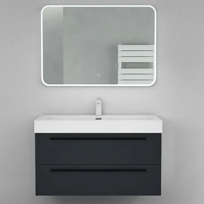 Produktbild von Mai & Mai Badmöbelset Komplett Set Waschbeckenunterschrank 100cm Unterschrank mit Waschschbecken aus Mineralguss und LED-Badspiegel Quadratto