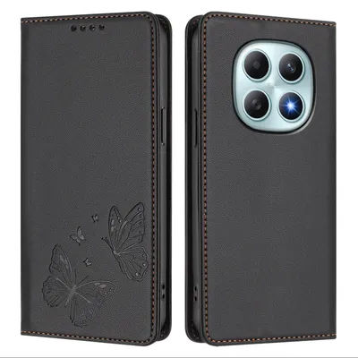 Obrázek produktu pro Kožené pouzdro pro Xiaomi Redmi Note 15 4G, motýlí ražbou, peněženkové flip pouzdro se stojánkem Černá