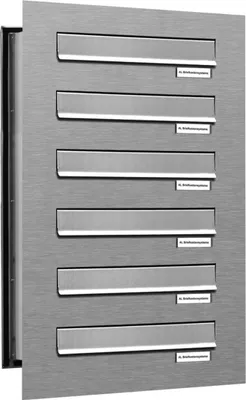 A modern, brushed metal mailbox unit with six individual slots, mounted on a wall.