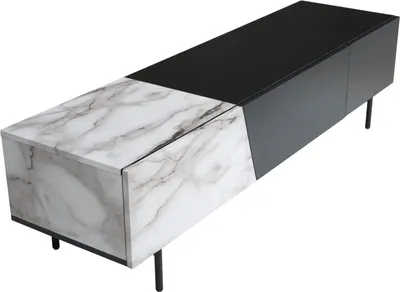 Produktbild von Lowboard Schwarz mit Marmor-Nachbildung in Weiß 150x40x40 cm TV-Kommode Modern, Design TV-Schrank Niedrig, Fernsehtisch Fernsehschrank mit Türen & Schublade, Fernsehkommode Wohnzimmer