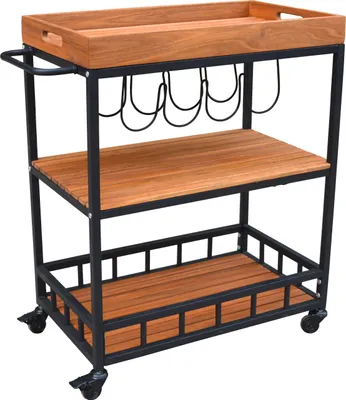 Produktbild von Dehner Servierwagen Liverpool, rollbar, 3-stöckig, mit Flaschenhalterung, 84 x 67 x 40 cm, Aluminium / FSC®-es Akazienholz, schwarz / braun