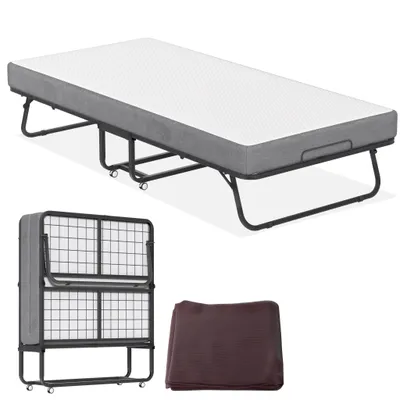 Zdjęcie produktu dla JOIEYOU 200x90cm metalowa rama łóżka z materacem, nogami i listwami oraz kółkami łóżko dla gości składane łóżko kempingowe z materacem o grubości 13 cm wykonanym z pianki rama łóżka do 200 kg składane łóżko do domu i na kemping