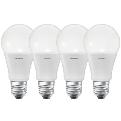 Four white LED light bulbs are arranged in a row against a white background.