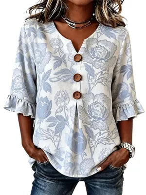 Image de ASKSA - Chemisier pour femme, en mousseline, style t-shirt, décolleté en V, manches 3/4, chemisier en lin d'été, élégant et décontracté. (Motif floral blanc, taille M)