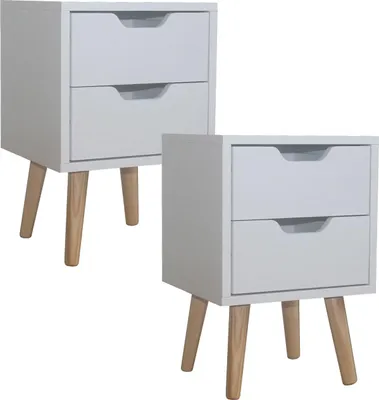 Two white nightstands with wooden legs are shown against a white background.