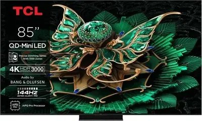 A marketing image for a TCL television, featuring a decorative, jewel-encrusted butterfly design.