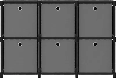 A product image of a modular cube storage unit with six gray fabric bins.
