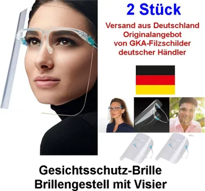 Produktbild von GKA 2 Stück Gesichtsschutz Visier mit Brillengestell Schutzbrille Brille Brillenschild Gesichtsschild Atemschutz Schutz gegen Viren ideal für Senioren und Brillenträger
