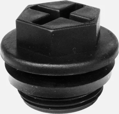 A black plastic drain plug with a hexagonal head and a cross-shaped recess for a tool.