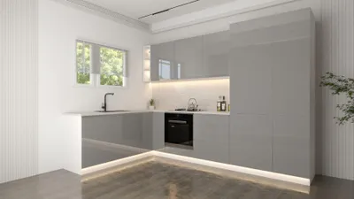 Produktbild von Winkelküche – Eckküche – Küchenzeile L-Form – Komplettküche – Küchenzeile – Velmora – KÜ04-A – 300 x 185 cm – Grau Hochglanz Ohne Arbeitsplatte