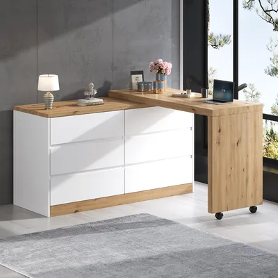 Obrázek produktu pro Stůl STILVORA s kolečky a otočnou pracovní deskou, rohový stůl se skládacím designem, komoda s aretační funkcí a pracovní deskou o tloušťce 4 cm
