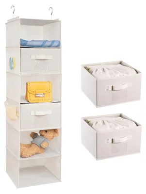 Produktbild von Hängender Kleiderschrank-Organizer, faltbares Hängeregal mit 6 Fächern und 2 herausnehmbaren Schubladen, Eisengestell, Hängeaufbewahrungssystem – Beige, 30 x 30 x 110 cm