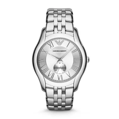 A silver Emporio Armani watch with a Roman numeral dial and a small seconds subdial.