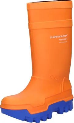 A single orange and blue Dunlop Purofort Thermo+ boot is shown against a white background.