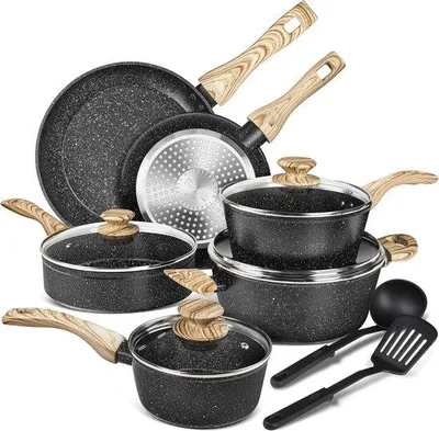 Produktbild von Famanu Kochgeschirr Set 12-teilig mit schwarzem Granitbeschichtung - Induktionskompatibel