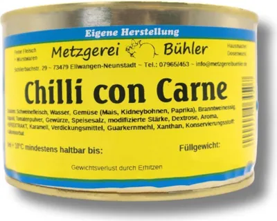 Produktbild von Chilli con Carne Fertiggericht lang haltbares Lebensmittel 800g aus Schweinefleisch Fleischkonserve in der Dose für Camping Prepping Vorrat