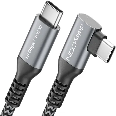 Produktbild von deleyCON 1,5m 100W 10 Gbps USB-C Kabel Winkel 90 Grad (USB 3.2 Gen2) PD 3.0 Ladekabel Datenkabel 4K@60Hz für iPhone 17 16 15 Galaxy A16 A26 A56 S26 S25 S24 iPad SSD HDD MacBook PS5