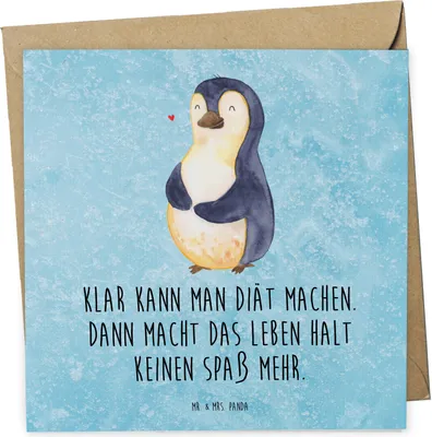 Produktbild von Mr. & Mrs. Panda Glückwunschkarte Pinguin Diät - Eisblau - Geschenk, doppelkarte, Abnehmen, glücklich, faltkarte, Klappkarte, Grußkarte, anlasskarte, Bauch