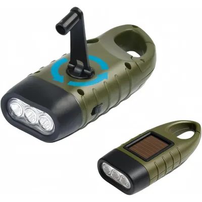 Produktbild von Solar-Handkurbel Taschenlampe mit Karabiner, Campinglampen – 3 LED, IPX4, Mini Kurbeltaschenlampe  ideal für Camping, Wandern & Notfall