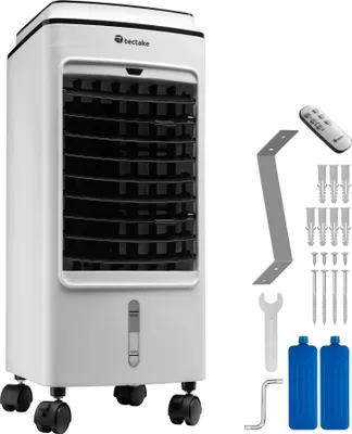 A white air cooler and its accessories are displayed against a white background.
