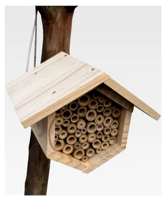 Produktbild von Bienenstock mit Niströhren aus Naturholz, handgefertigt für Gärten, Veranden, Rasen, Außenbereiche, Innenhöfe, Balkone und Terrassen