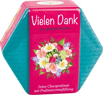 Produktbild von Heidel Vielen Dank Metalldose mit 9 einzelne Schokoladenpralinen 97g