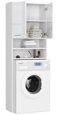 A white washing machine cabinet with open doors and shelves, displaying folded towels and toiletries.