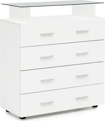 Produktbild von Design Sideboard WL5.850 Weiß Hochglanz 76x84x35 cm Anrichte Holz Modern | Hohe Schubladenkommode mit Glas-Ablage | Kleiner Allzweckschrank Flur | Wäschekommode Schlafzimmer