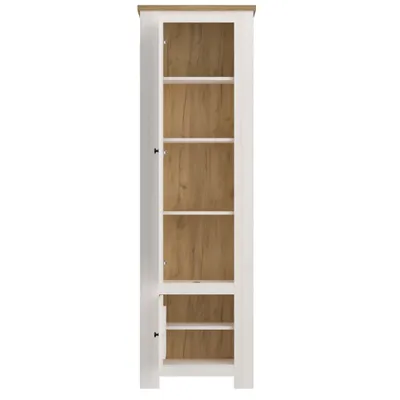 A tall, narrow cabinet with its door open, revealing shelves.