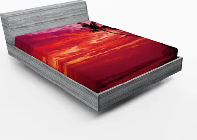 Produktbild von ABAKUHAUS Ozean Spannbetttuch, Sonnenuntergang Ansicht Von Tropischen Insel Strand Schattenbild Palme Auf Ufer Kunstdruck, 90 x 200 cm, Rot