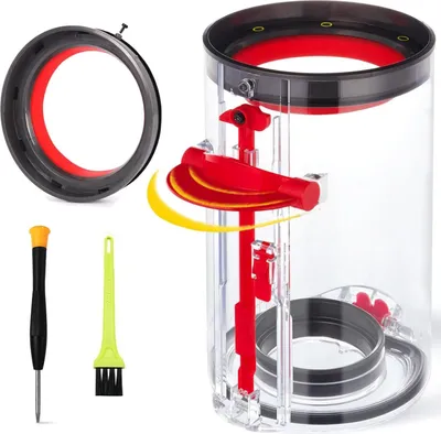 A collection of vacuum cleaner parts, including a dustbin assembly, a ring, a screwdriver, and a brush, displayed against a white background.