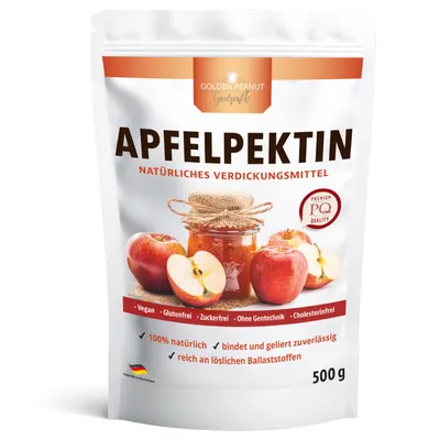 A pouch of apple pectin with apples and a jar of jam shown.
