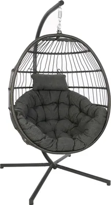 A hanging egg chair with a stand and cushions, presented against a white background.